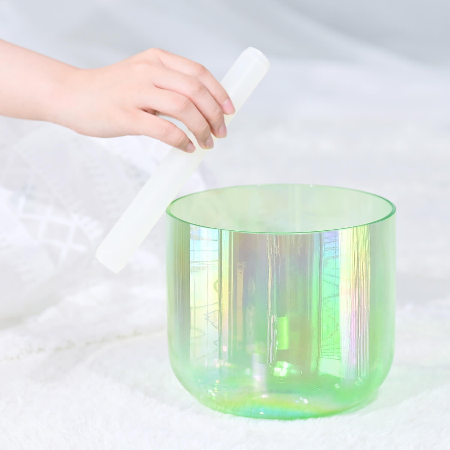 Iridescent green Cosmic Light Crystal Singing Bowl with a mallet for meditation