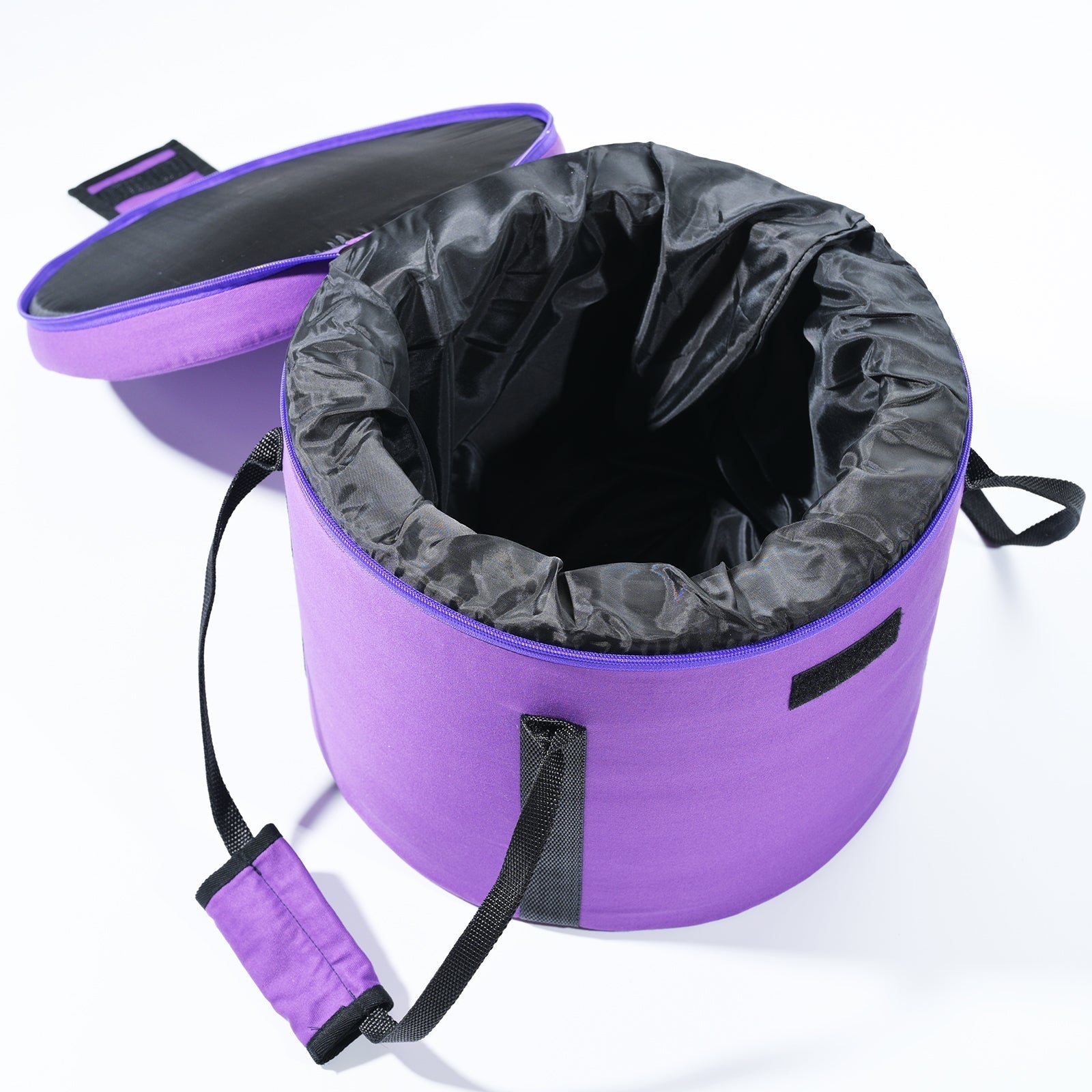 Purple collapsible pet bowl with black interior and strap in Cosmic Light Clear Green set