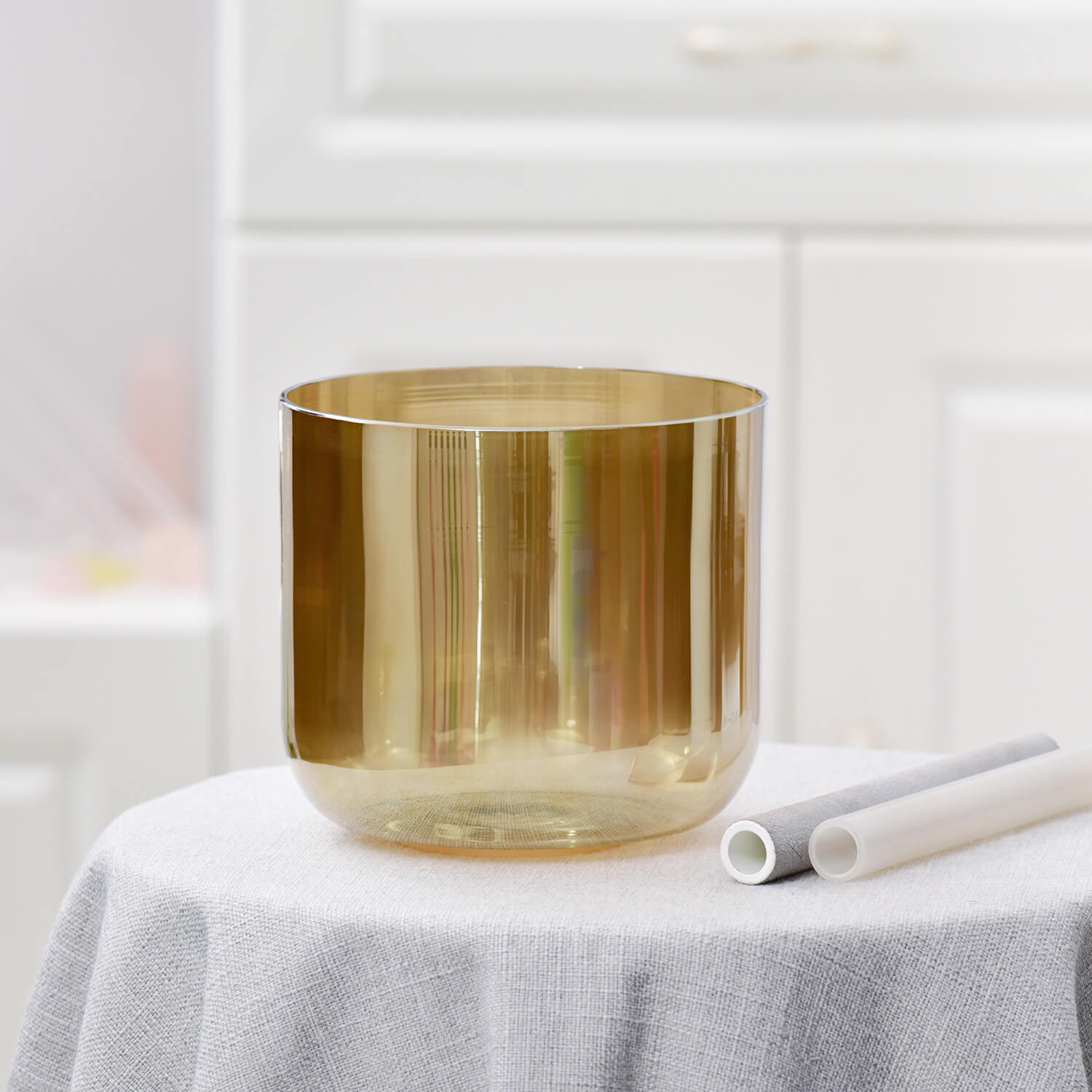 Golden Cosmic Quartz Crystal Singing Bowl with two white strikers for meditation