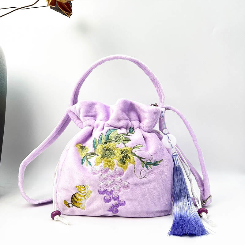 Cotton Linen Embroidered Osmanthus Peony Tote Bag 20cm