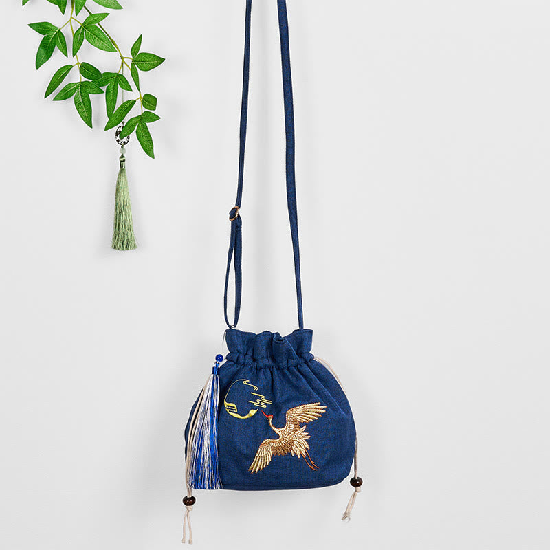 Cotton Linen Navy Blue Crane Spiritual Shoulder Bag