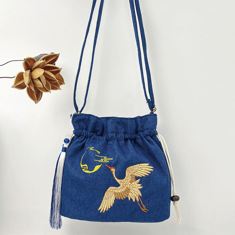 Cotton Linen Navy Blue Crane Spiritual Shoulder Bag
