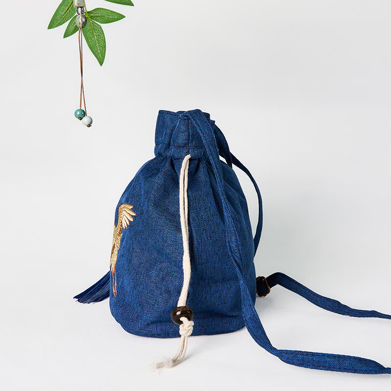 Cotton Linen Navy Blue Crane Spiritual Shoulder Bag