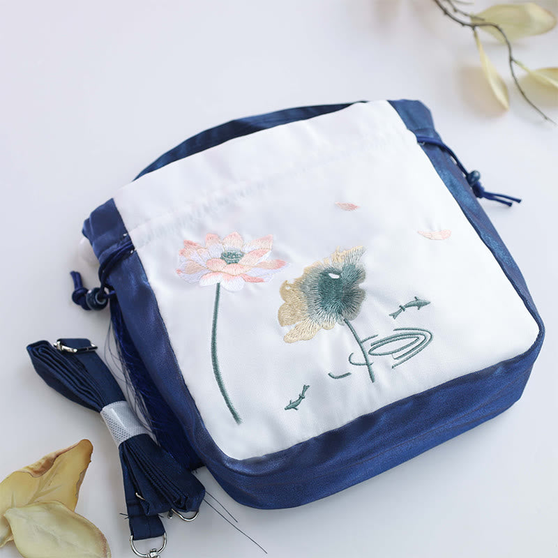 Cotton Linen Tote Bag with Lotus Koi Embroidery 20cm