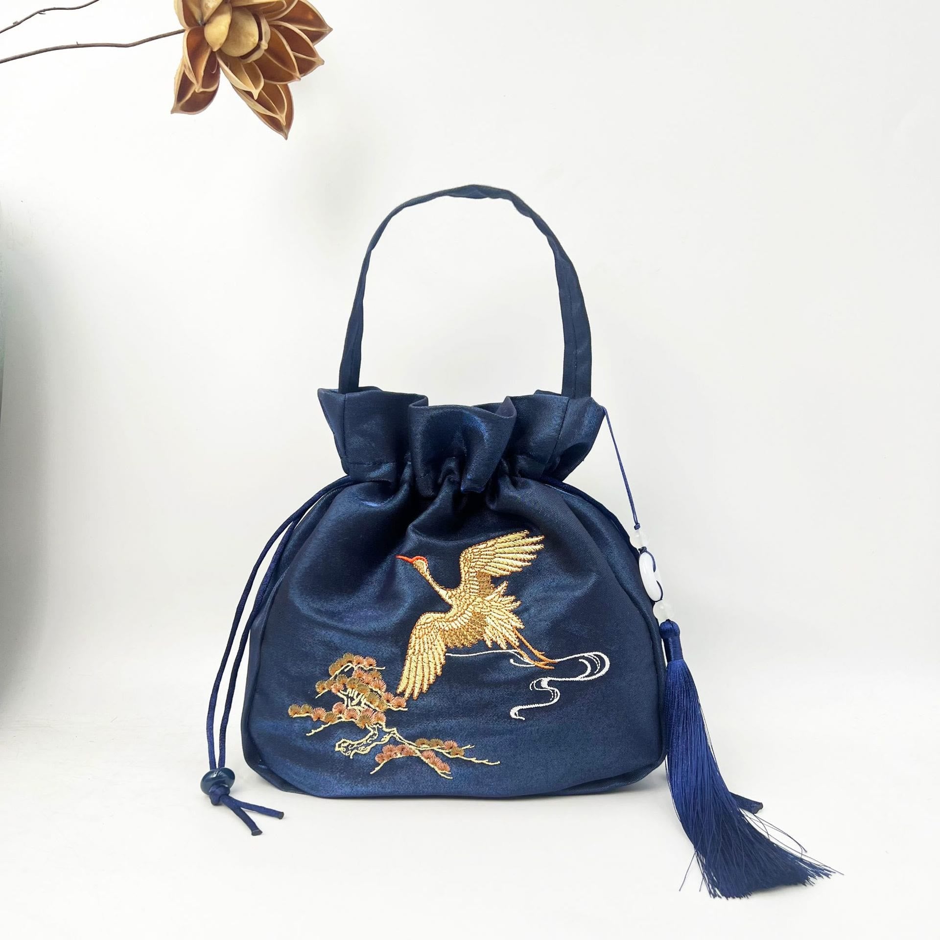 Cotton Linen Tote Bag with Lotus Koi Embroidery 20cm