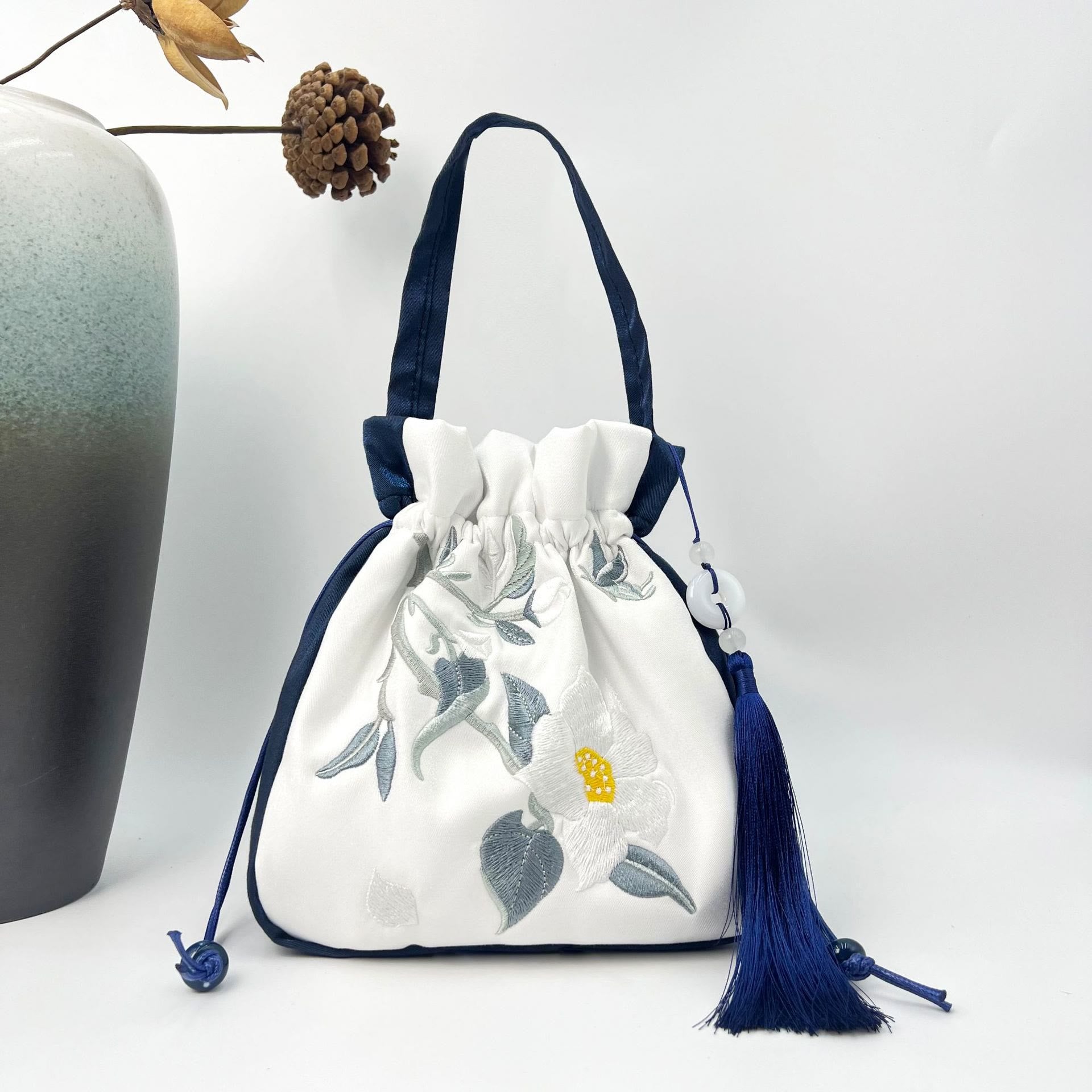 Cotton Linen Tote Bag with Lotus Koi Embroidery 20cm