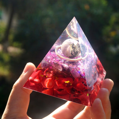 Crimson Vigor Orgone Pyramid with Rhodochrosite and Amethyst