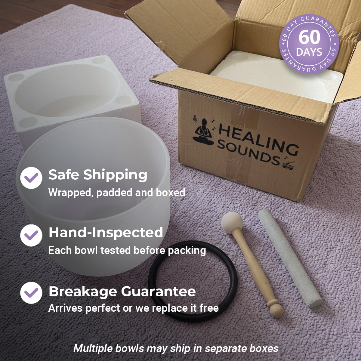 Candy Colored Frosted Quartz Crystal Singing Bowl Set - Packaging