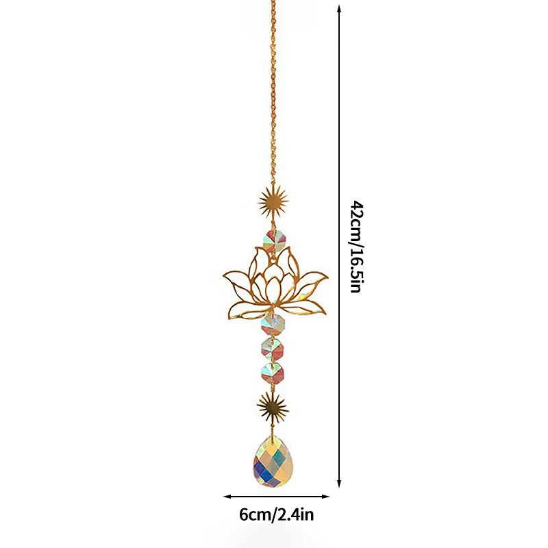 Decorative hanging crystal suncatcher with golden lotus design and colorful prism pendant