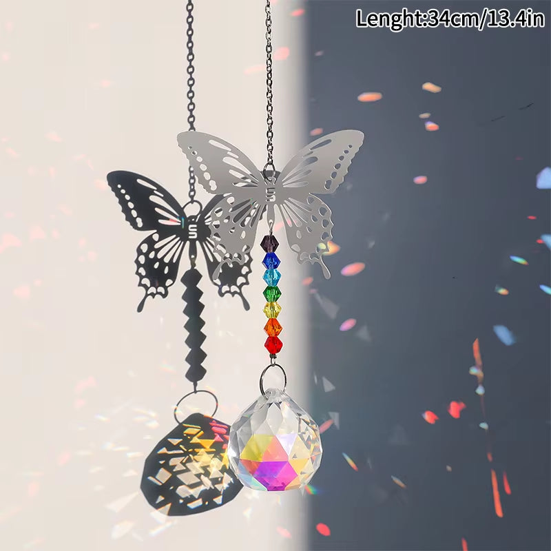 Crystal Butterfly Wind Chime featuring suncatcher with butterfly ornaments and rainbow beads