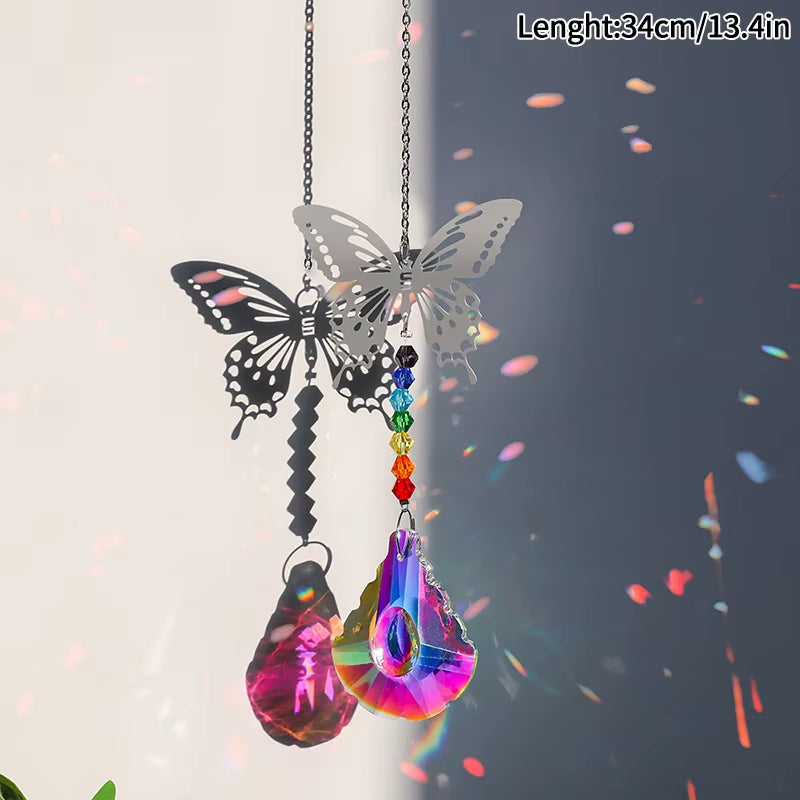 Crystal Butterfly Wind Chime with rainbow prisms perfect for garden decor