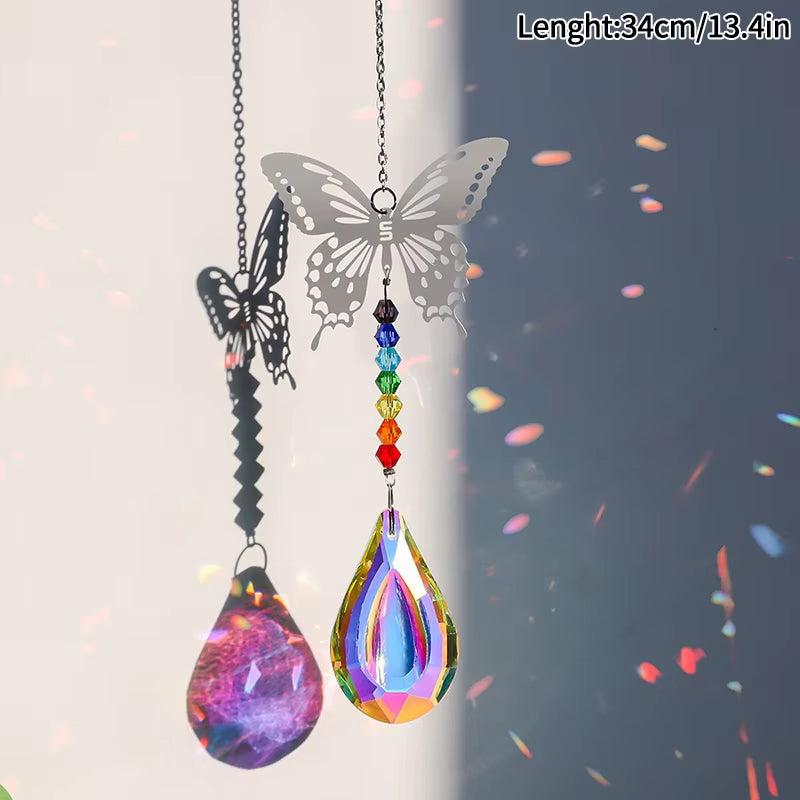 Hanging butterfly suncatcher with colorful crystals and rainbow beads for garden decor