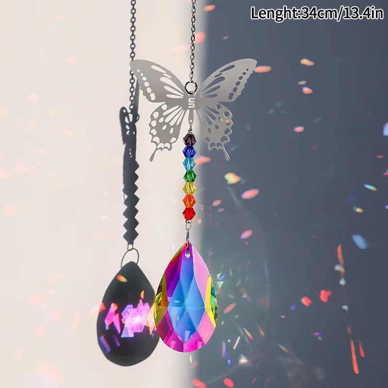 Rainbow crystal suncatcher butterfly design with colorful beads for garden decor