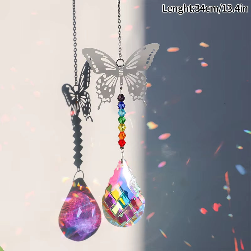 Crystal Butterfly Wind Chime with Suncatcher, Ornaments, and Rainbow Beads for Garden Decor