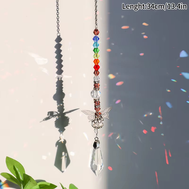 Crystal Butterfly Wind Chime with rainbow beads and angel charm for garden decor