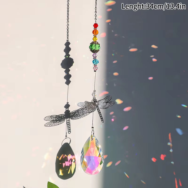 Crystal Butterfly Wind Chime featuring a dragonfly and colorful beads for garden decor