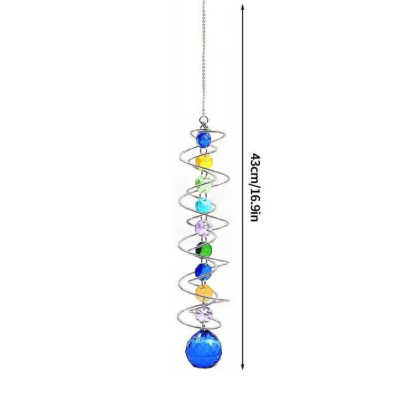 Spiral crystal suncatcher with colorful beads and blue sphere pendant for garden decor