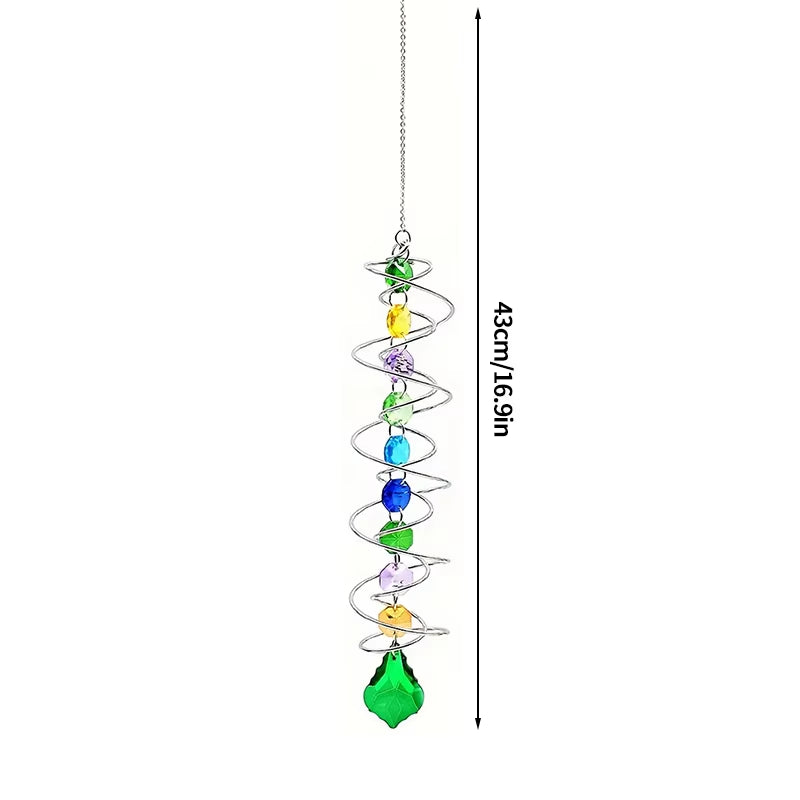 Crystal Butterfly Wind Chime with spiral wire and colorful beads ending in green teardrop