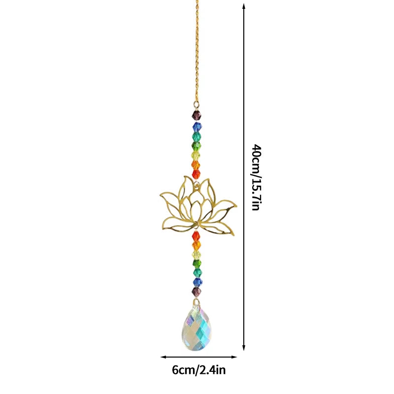 Hanging crystal suncatcher with lotus flower and rainbow chakra beads for garden decor