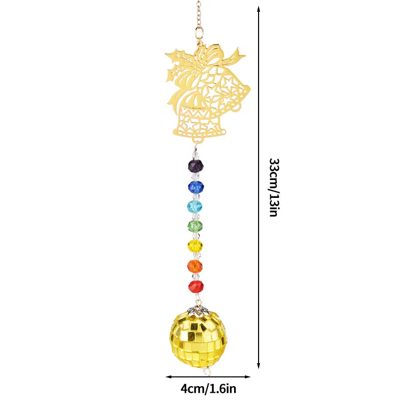 Decorative hanging crystal suncatcher with rainbow chakra beads and gold disco ball pendant