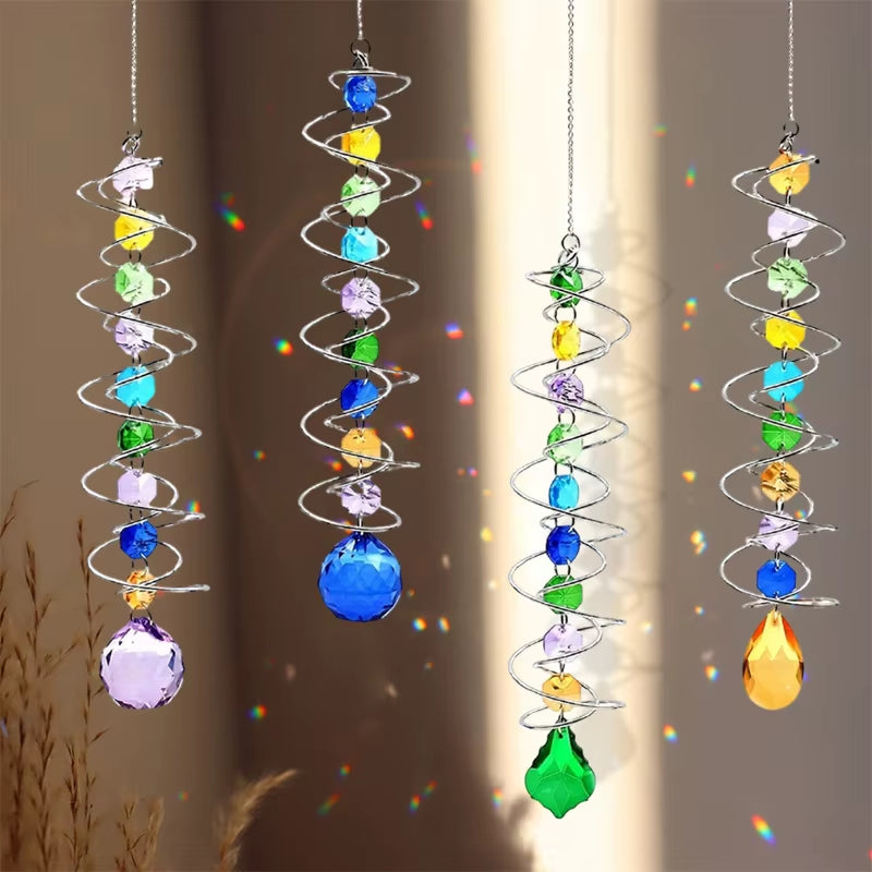 Spiral crystal suncatchers and colorful glass beads in Crystal Butterfly Wind Chime