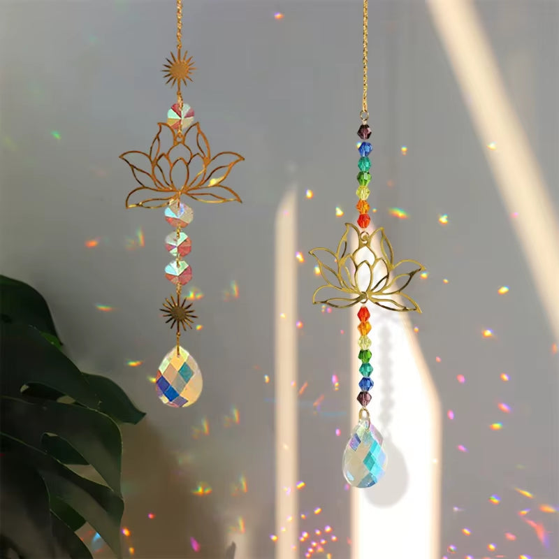 Crystal Butterfly Wind Chime featuring lotus designs and rainbow bead suncatchers