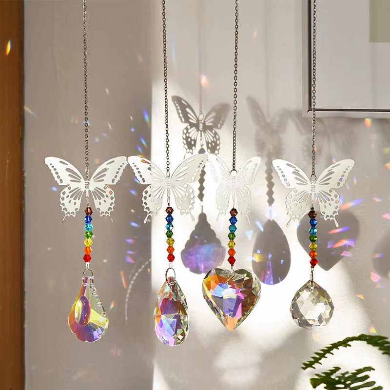 Crystal Butterfly Wind Chime with White Butterflies and Rainbow Beads for Garden Decor