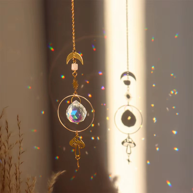 Crystal Butterfly Wind Chime featuring gold moon and celestial accents for outdoor decor