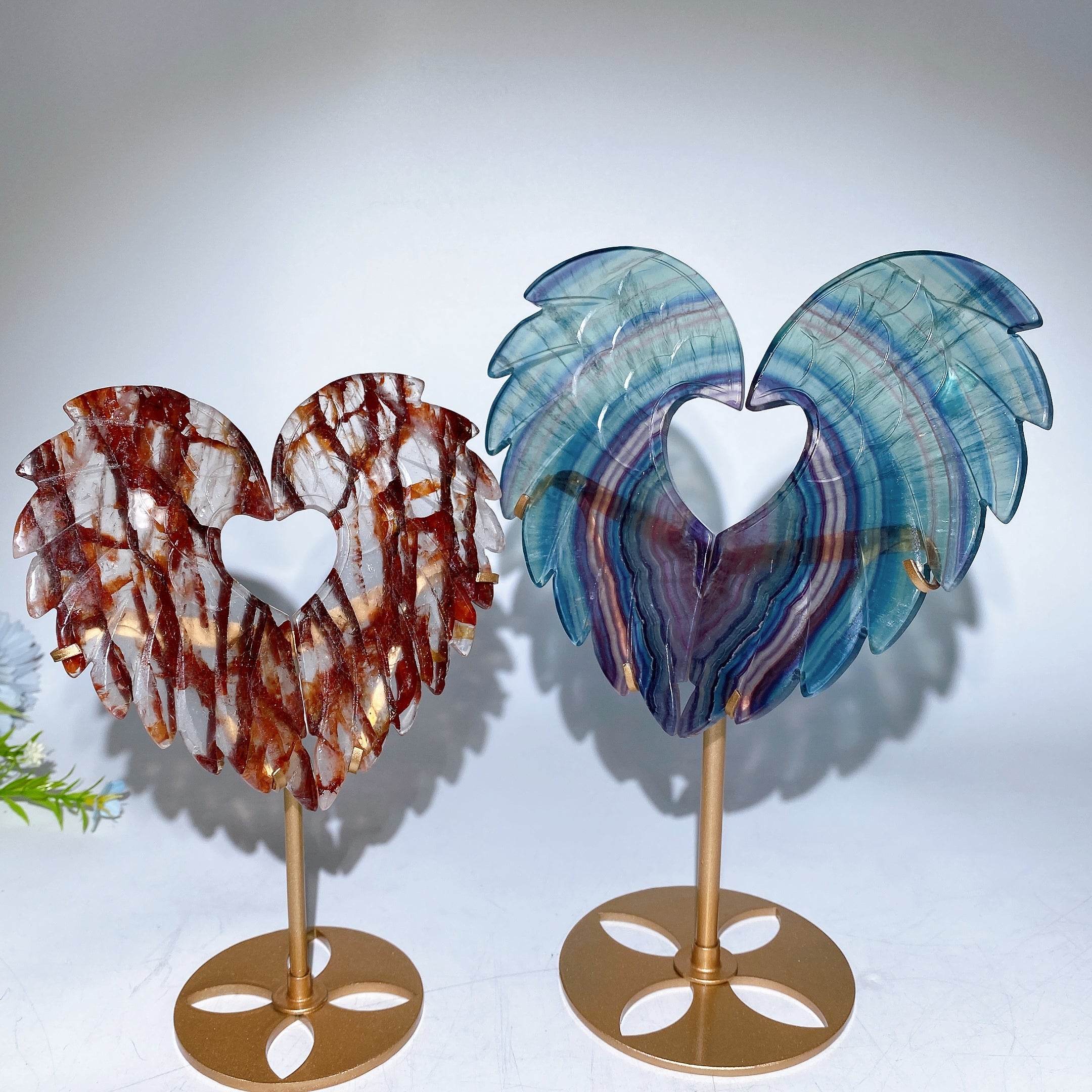 Crystal Heart Wings Gemstone Figurines with Stand 25cm