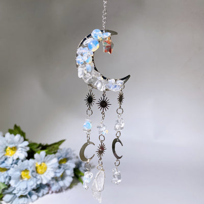 Crystal Moon Shape Suncatcher with Healing Chips 25-28cm