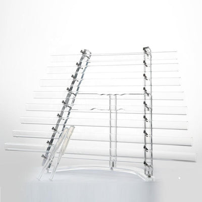 Clear acrylic sunglasses display rack with multiple angled tiers for stylish organization