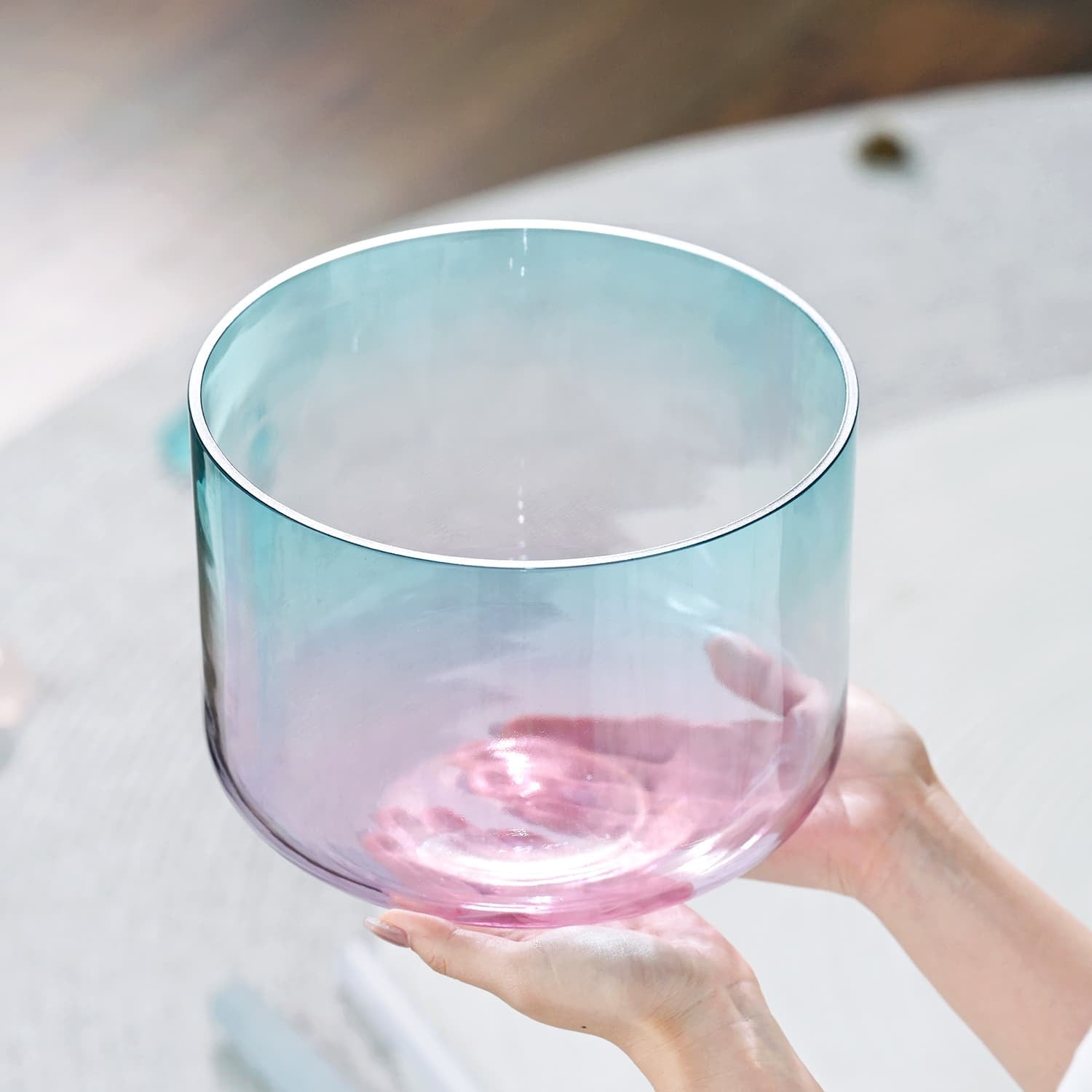 Crystal Singing Bowl Alchemy in iridescent blue-to-pink gradient for sound healing