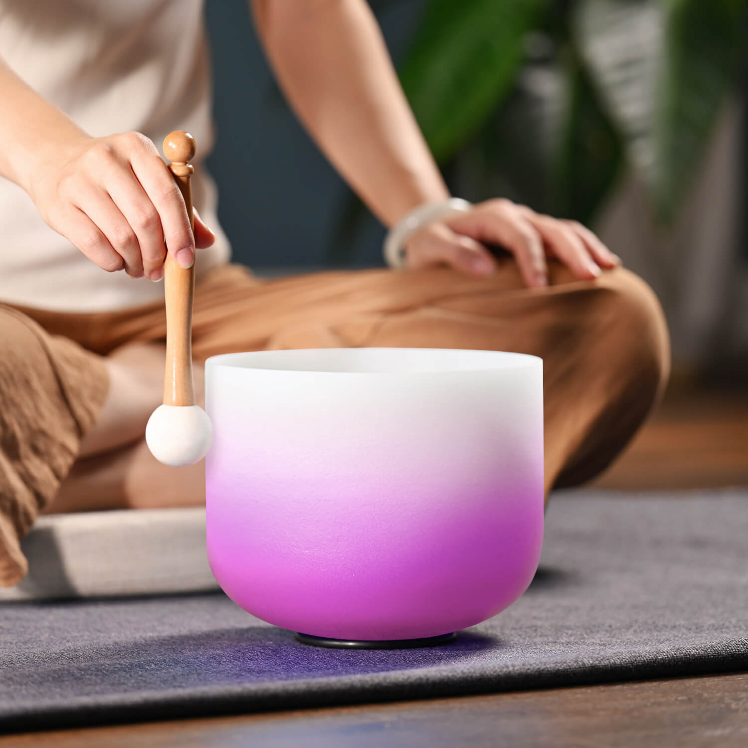 Crystal Singing Bowl in purple-to-white gradient for Crown Chakra healing meditation