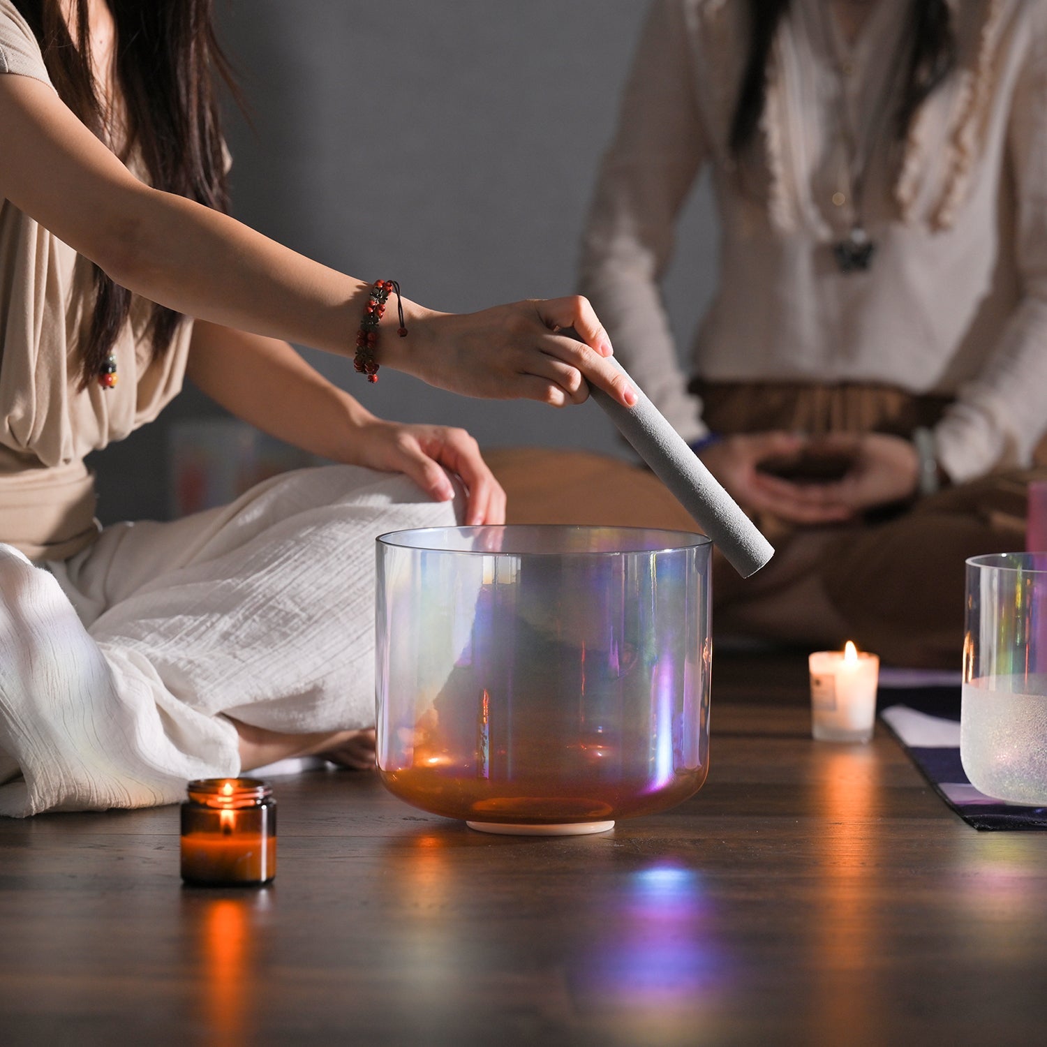 Iridescent Crystal Singing Bowl Dawn Alchemy with candles for sound healing