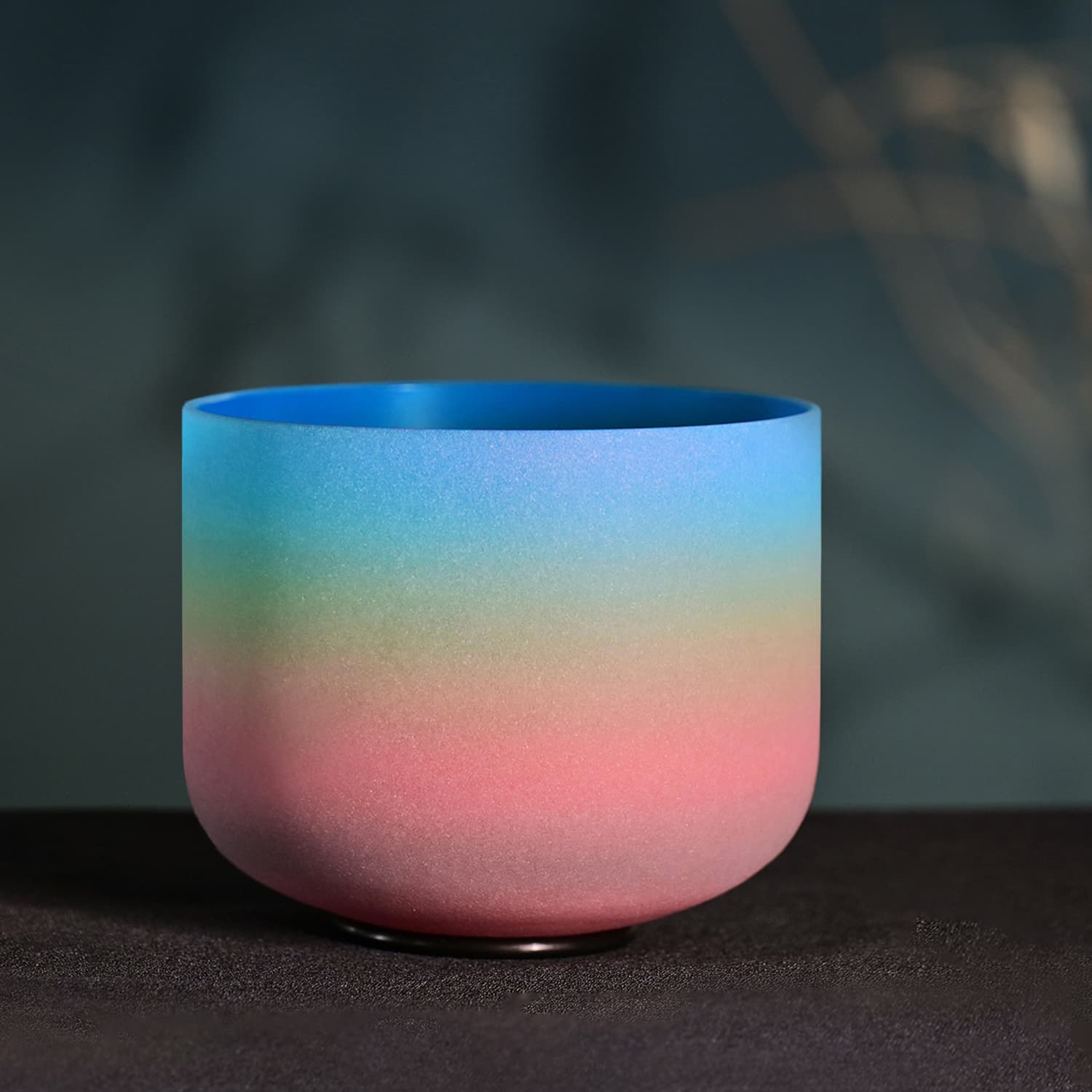 Rainbow frosted glass bowl with blue to pink gradient for sound healing, Crystal Singing Bowl G Note