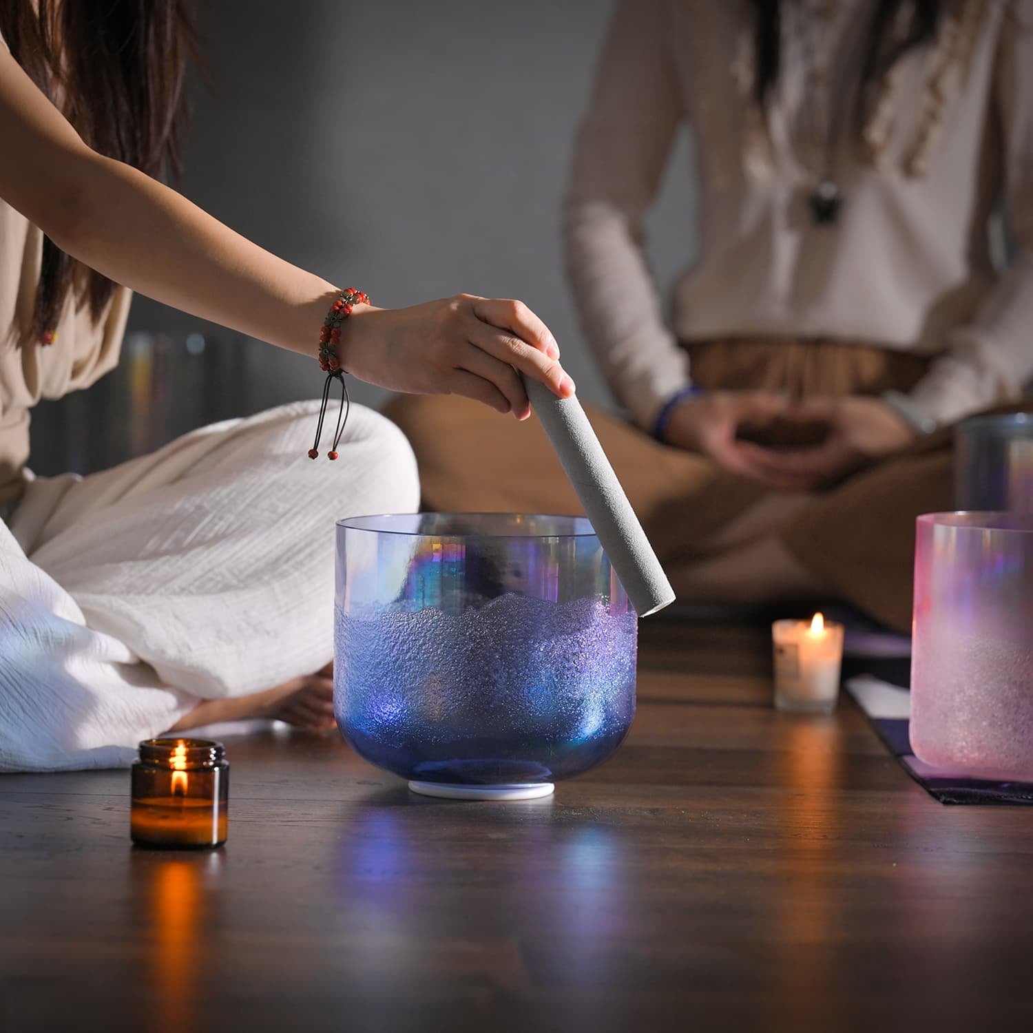 Blue glass vessel with condensation on Crystal Singing Bowl Glacier Sand for Sound Healing