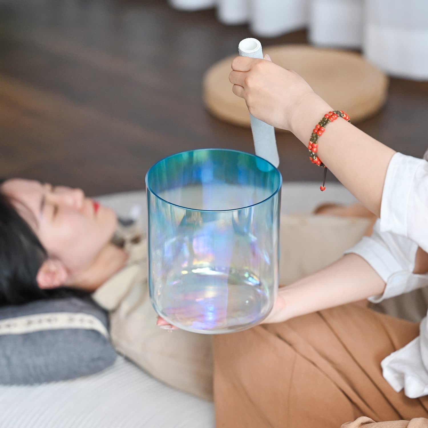 Iridescent Ice Blue Crystal Singing Bowl with mallet for sound healing therapy