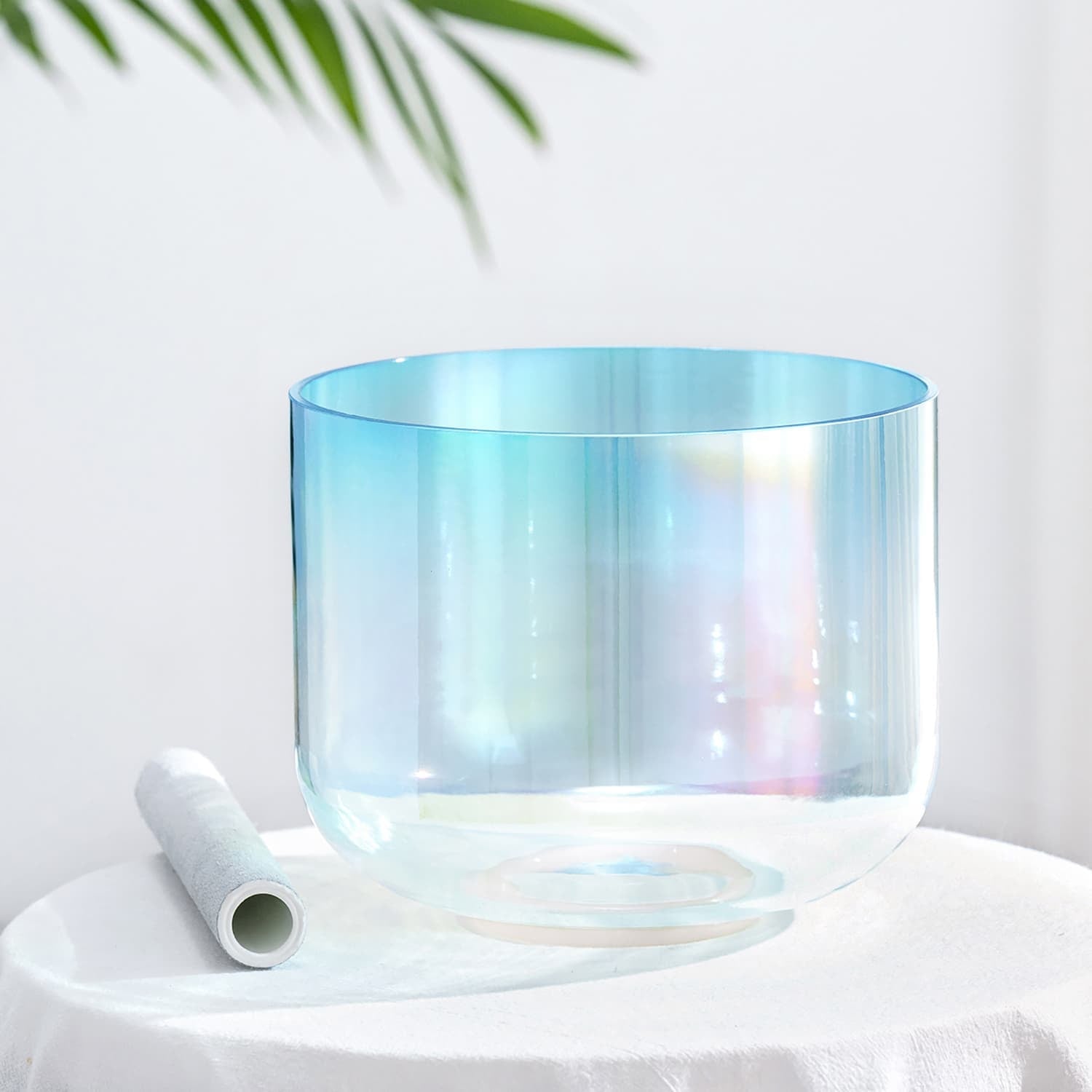 Iridescent blue Crystal Singing Bowl Ice Blue with white striker mallet for sound healing