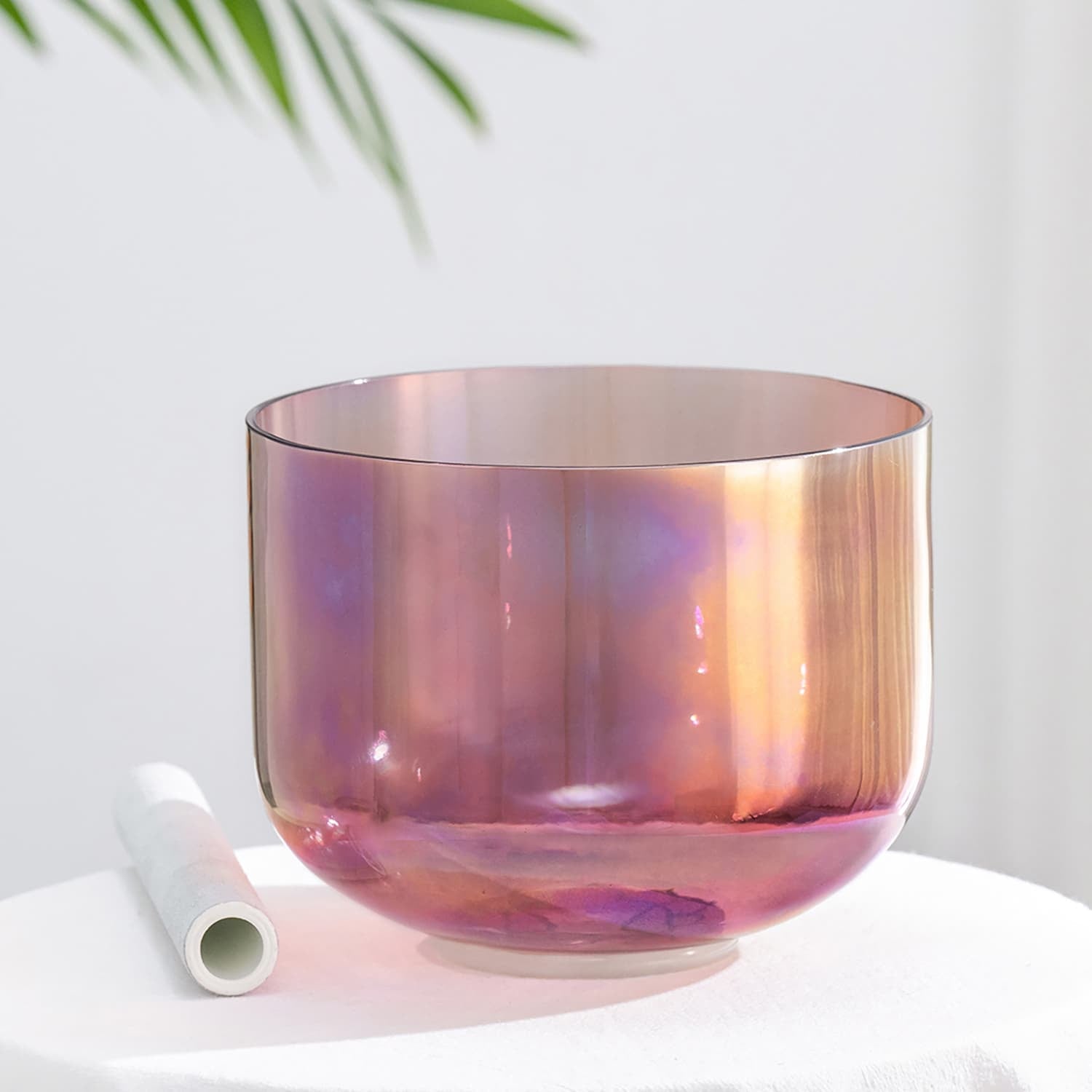 Iridescent pink Crystal Singing Bowl with rainbow sheen for sound healing