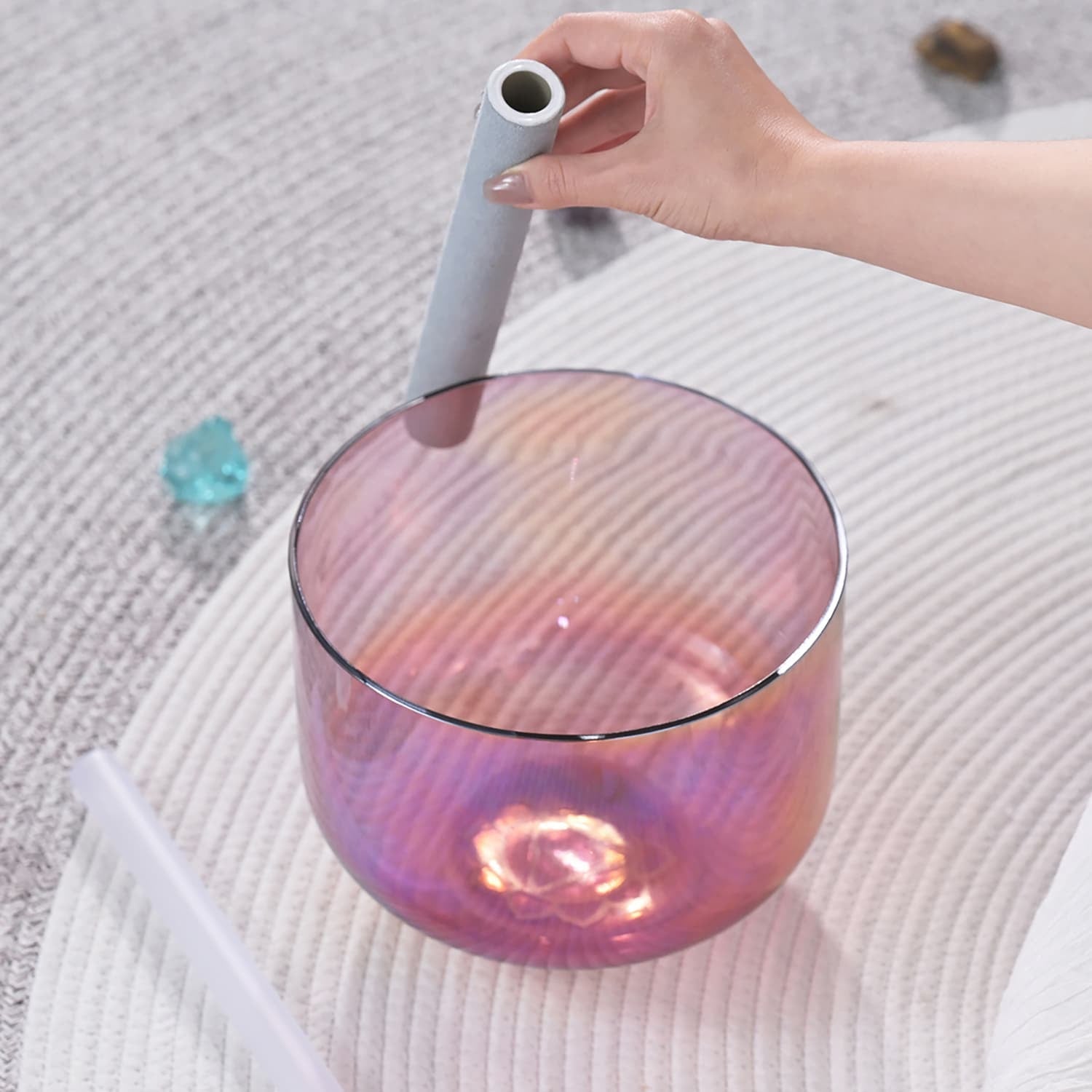 Iridescent pink Crystal Singing Bowl Light Nebula with mallet for sound healing