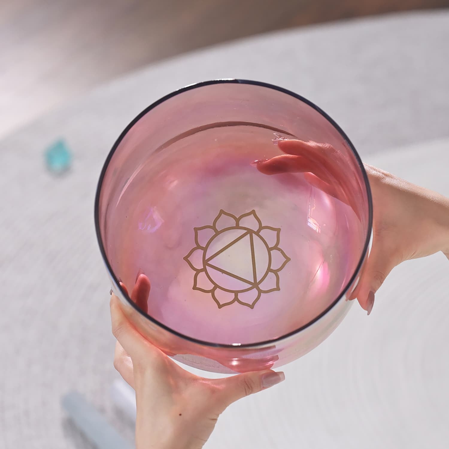 Pink glass bowl with golden chakra symbol for Crystal Singing Bowl Light Nebula