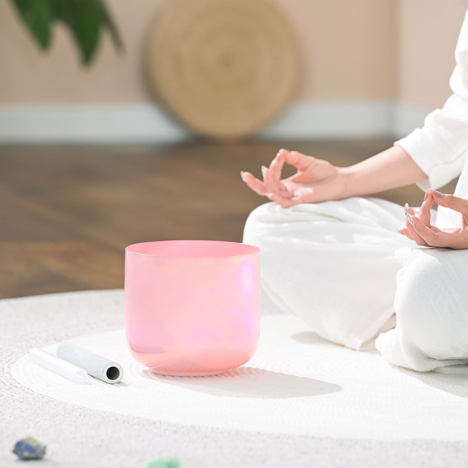 Pink Crystal Singing Bowl Rosette Nebula positioned for meditation and healing practice