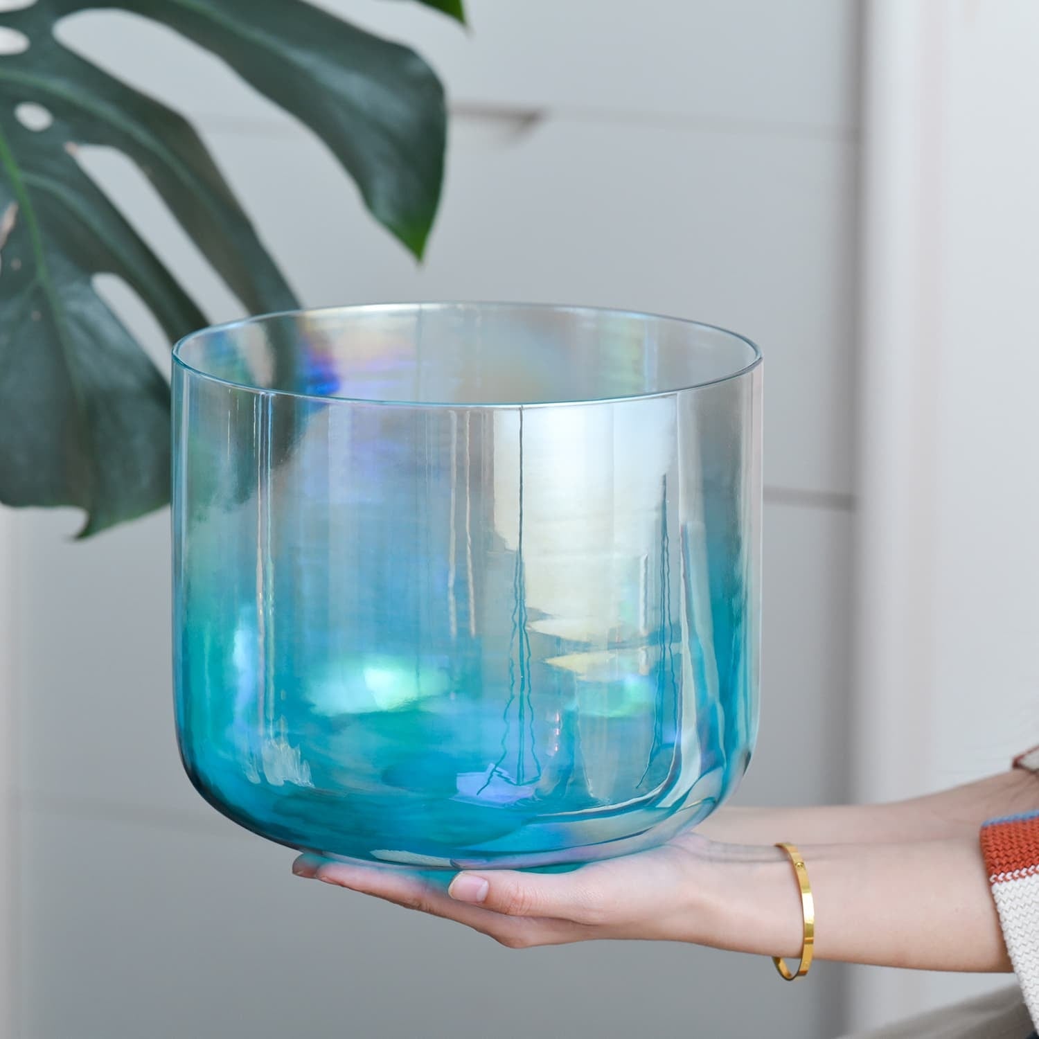 Iridescent turquoise glass bowl in cylindrical shape for Crystal Singing Bowl Sea Lavender