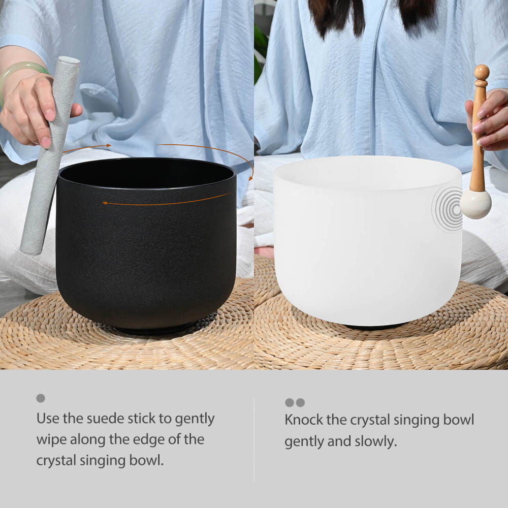 Crystal Singing Bowl Set featuring black and white bowls with mallets for healing