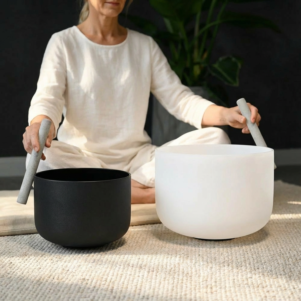 Crystal Singing Bowl Set - 8 inch A Note & 10 inch F Note Yin Yang