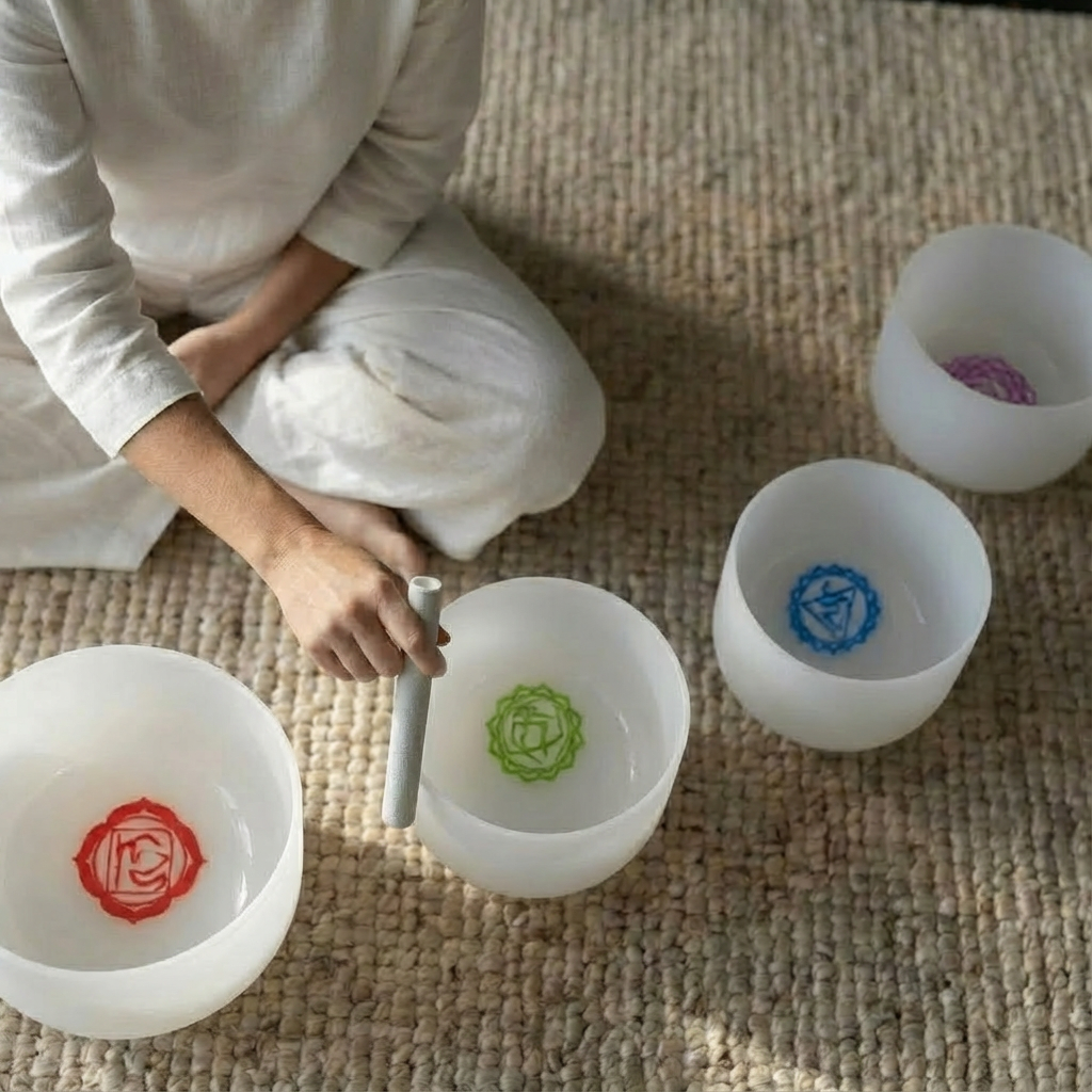 Crystal Singing Bowl Set with Chakra Symbols