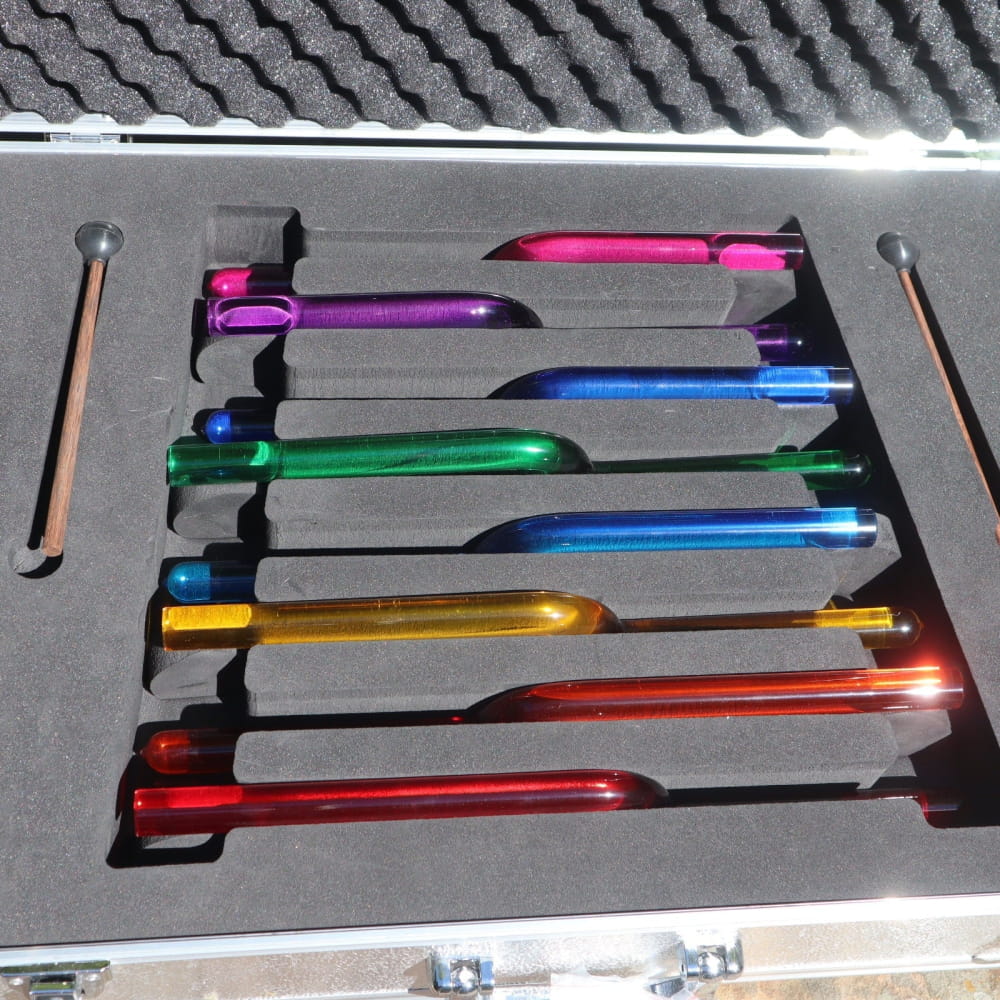 Colorful anodized hex wrenches in foam insert for Crystal Tuning Fork Set