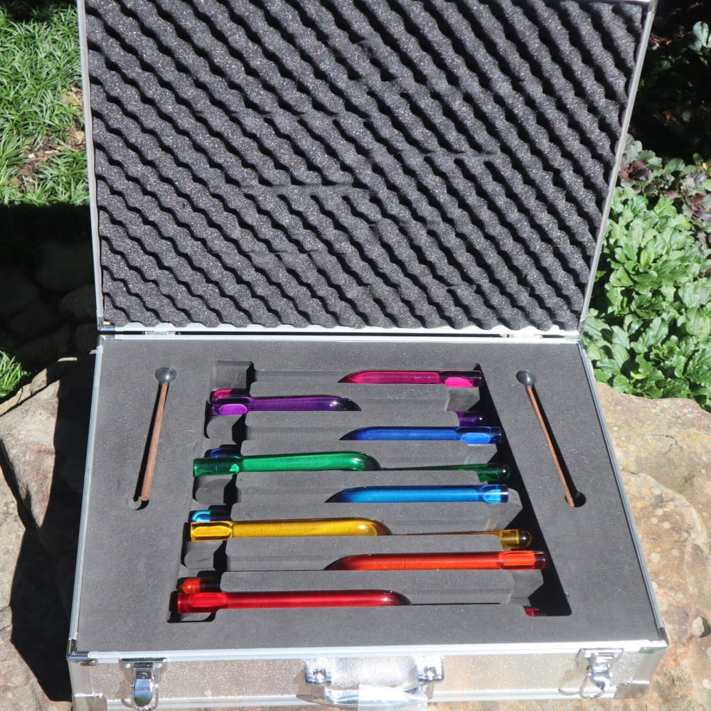 Metal case with colorful tuning forks in Crystal Tuning Fork Set - 20mm 8pc