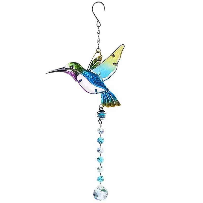 Colorful glass hummingbird suncatcher with crystal and turquoise beads for garden decor
