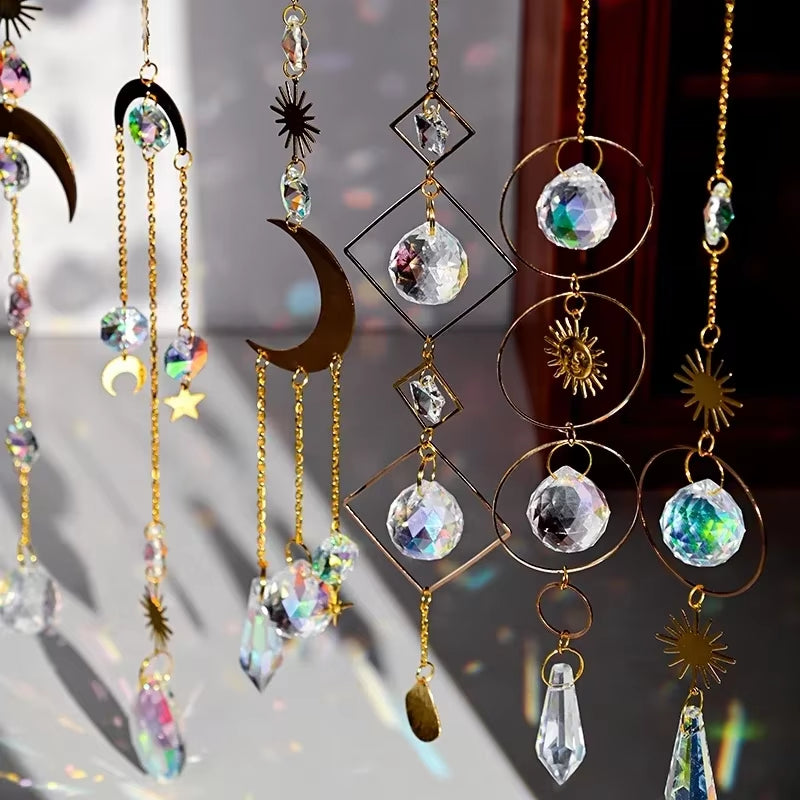 Decorative Crystal Wind Chimes featuring celestial suncatchers in gold chains